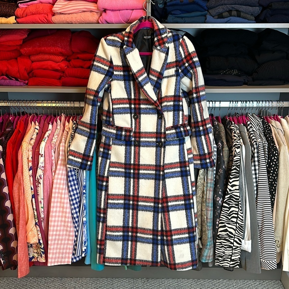 Nasty gal UK size 6 white/blue/red plaid double breasted long coat